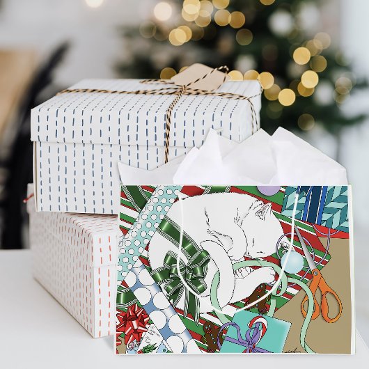 眠る白猫のクリスマス包装紙 ラージペーパーバッグ