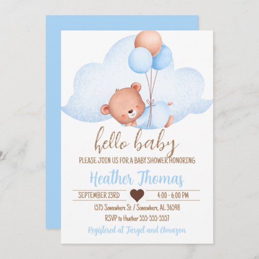 眠る茶色のクマと雲の赤ちゃんシャワー 招待状 (正面/裏面)