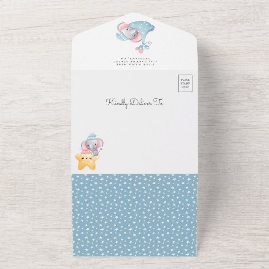 眠る象の月の海軍の青い赤ちゃんシャワー オールインワン招待状 (外側)