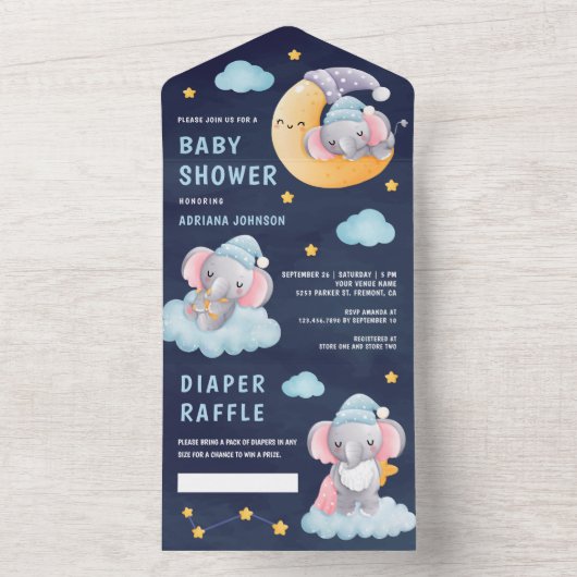 眠る象の月の海軍の青い赤ちゃんシャワー オールインワン招待状 (内側)