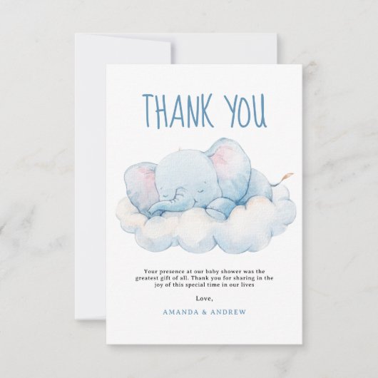 眠る象の赤ちゃんシャワー、男の子のシャワー サンキューカード (正面)