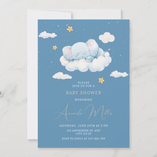 眠る象の赤ちゃんシャワー、男の子のシャワー 招待状 (正面)