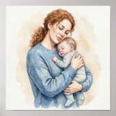 眠る赤ちゃんを抱く母親 水彩画 ポスター (正面)
