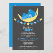 眠る青い男の子テディベア月のベビーシャワー 招待状 (正面/裏面)