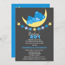 眠る青い男の子テディベア月のベビーシャワー 招待状