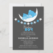 眠る青い男の子テディベア月のベビーシャワー 招待状 (正面)