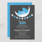 眠る青い男の子テディベア月のベビーシャワー 招待状 (正面/裏面)