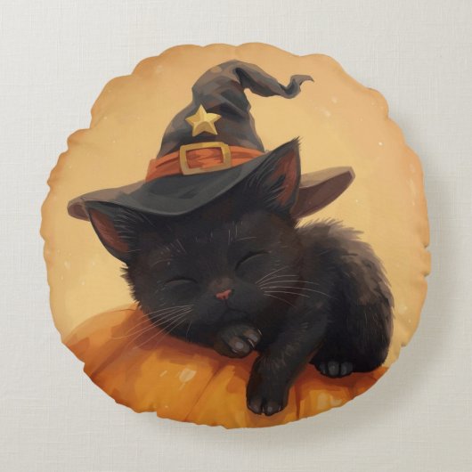 眠る黒猫ハロウィーン丸い枕 ラウンドクッション (正面)