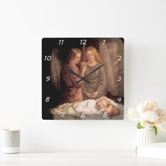 眠る – 2つの守護天使と子供 スクエア壁時計 (ホーム)