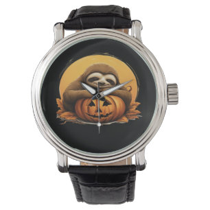 眠れるナマケモノとハロウィンのカボチャ クラシックTシャツ 腕時計