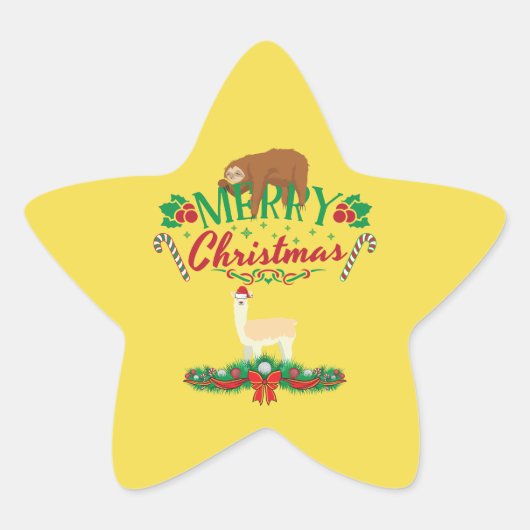 眠れるナマケモノとメリークリスマスかわいいラマ 星シール (正面)