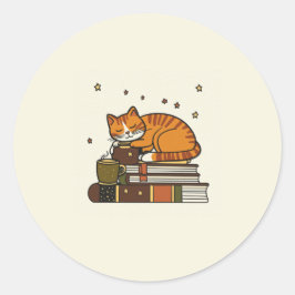 眠れるネコの本の山ステッカー ラウンドシール