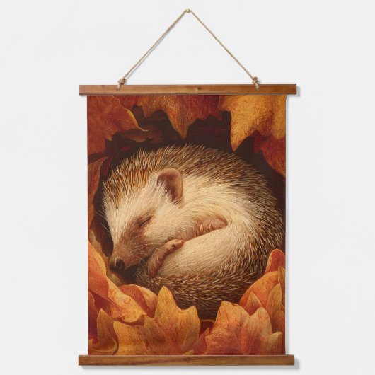眠れるハリネズミの秋の葉の壁アート 吊り下げ型タペストリー (正面)