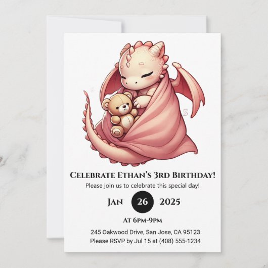 眠れるベビードラゴンとテディの誕生日 招待状 (正面)