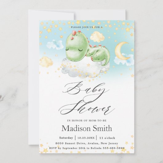 眠れるベビー恐竜のかわいい男の子の赤ちゃんシャワー 招待状 (正面)