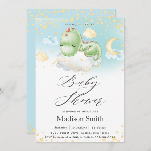 眠れるベビー恐竜のかわいい男の子の赤ちゃんシャワー 招待状 (正面/裏面)