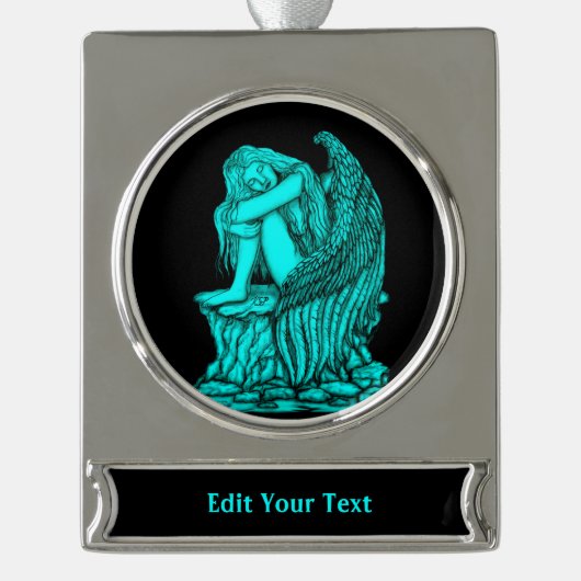 眠れる天使が石の上に シルバープレートバナーオーナメント (正面)