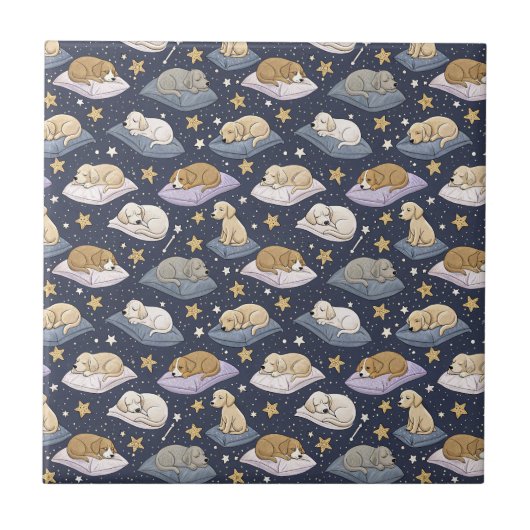 眠れる子犬の星夜 - かわいい犬の模様 タイル (正面)