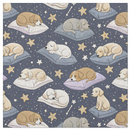 眠れる子犬の星夜 - かわいい犬の模様 ファブリック