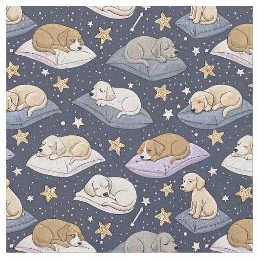 眠れる子犬の星夜 - かわいい犬の模様 ファブリック (クローズアップ)