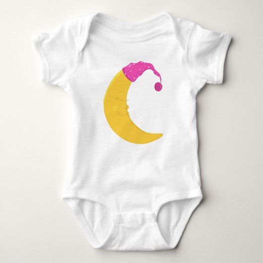 眠れる月、かわいい月、黄色い月、ナイトキャップ ベビーボディスーツ (正面)