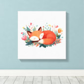 眠れる狐の花柄かわいいイラスト キャンバスプリント (インサイチュ (ウッドフロア))
