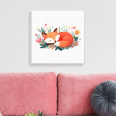 眠れる狐の花柄かわいいイラスト キャンバスプリント (インサイチュ (リビング))