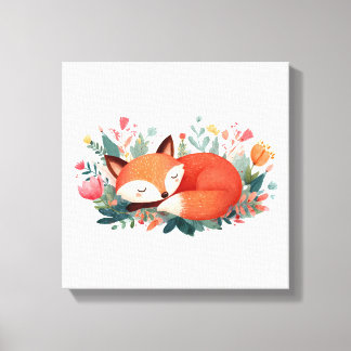 眠れる狐の花柄かわいいイラスト キャンバスプリント