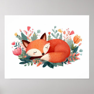 眠れる狐の花柄かわいいイラスト ポスター