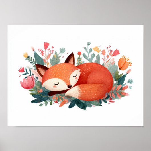 眠れる狐の花柄かわいいイラスト ポスター (正面)