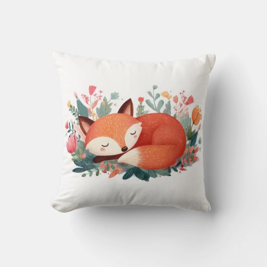 眠れる狐の花柄イラスト かわいい クッション (正面)