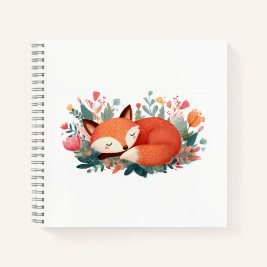 眠れる狐の花柄イラスト かわいい ノートブック (正面)