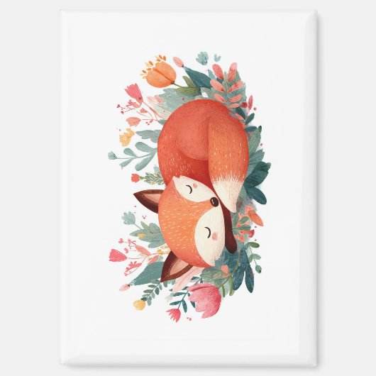 眠れる狐の花柄イラスト かわいい マグネット (正面)