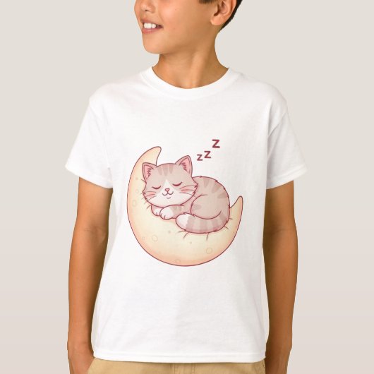 眠れる猫と月枕 – ほっこり猫の昼寝 Tシャツ (正面)