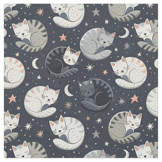 眠れる猫の星夜パターン - キッズデザイン ファブリック (クローズアップ)