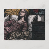 眠れる美しい女王と彼女の猫の木版画 ポストカード (正面)