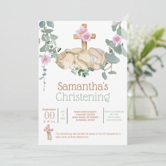 眠生まれたばかりのるユーカリつる植物可愛い女の子  招待状 (スタンド正面)