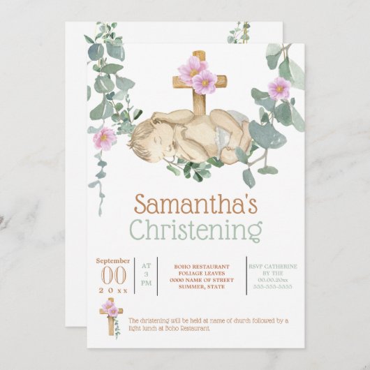 眠生まれたばかりのるユーカリつる植物可愛い女の子  招待状 (正面/裏面)