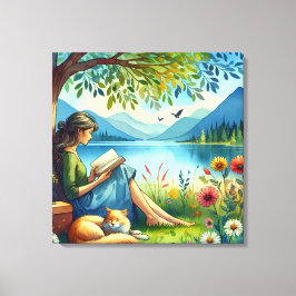 眠読い猫と木の下に本を キャンバスプリント