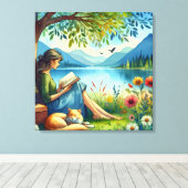 眠読い猫と木の下に本を キャンバスプリント (インサイチュ (ウッドフロア))