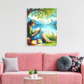 眠読い猫と木の下に本を キャンバスプリント (インサイチュ (リビング))