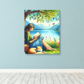 眠読い猫と木の下に本を キャンバスプリント (インサイチュ (ウッドフロア))