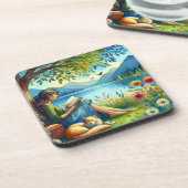 眠読い猫と木の下に本を コースター (左側)