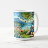 眠読い猫と木の下に本を コーヒーマグカップ (正面右)