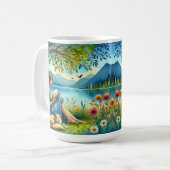 眠読い猫と木の下に本を コーヒーマグカップ (正面左)