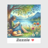 眠読い猫と木の下に本を シール (シート)