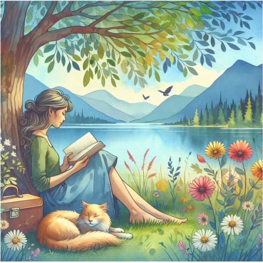 眠読い猫と木の下に本を シール (正面)