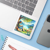 眠読い猫と木の下に本を シール (ノートパソコンとiPhone)