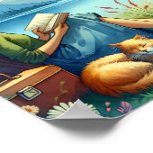 眠読い猫と木の下に本を ポスター (角)