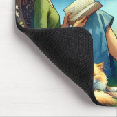 眠読い猫と木の下に本を マウスパッド (コーナー)